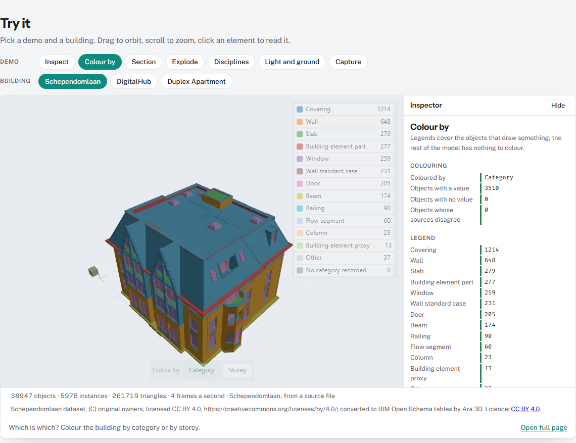 The viewer landing page: Schependomlaan coloured by category in the live frame, with the demo and building chips above it and the legend and inspector beside it